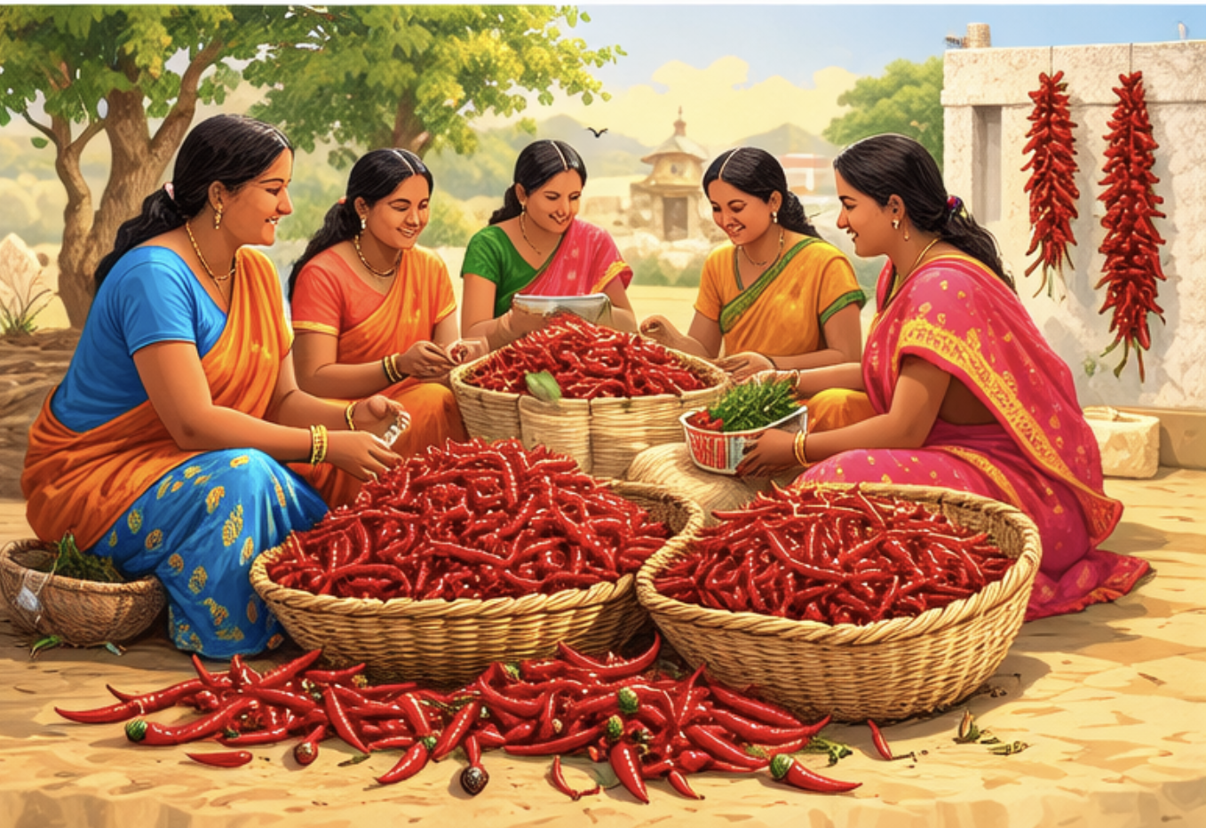 Women sorting red chilies in baskets