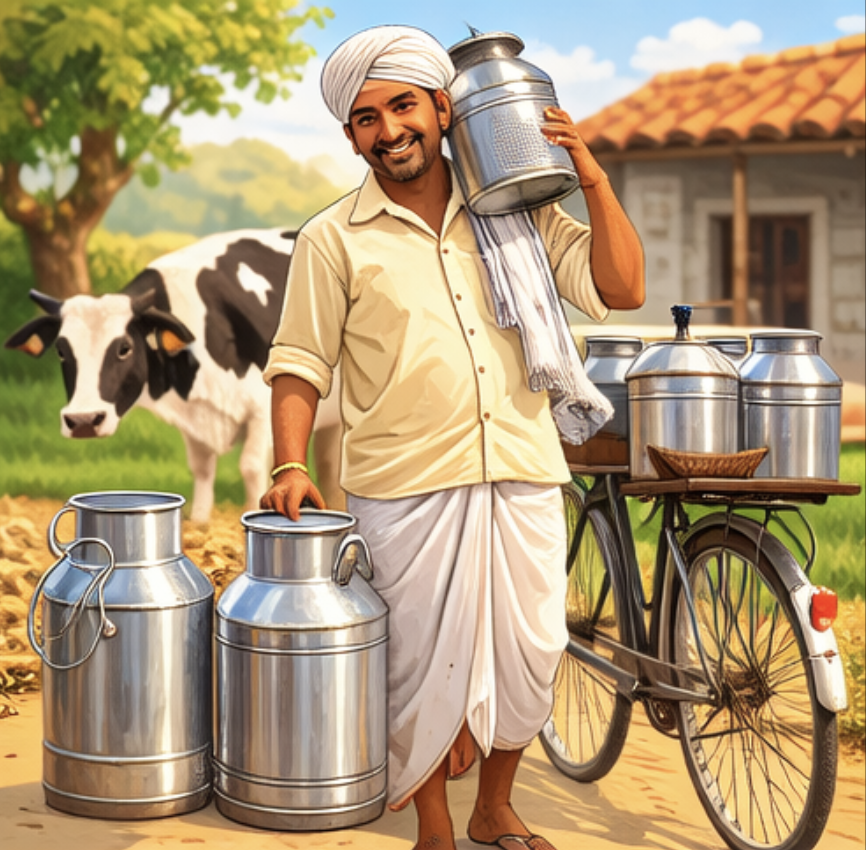 Milkman with cans and bicycle in village