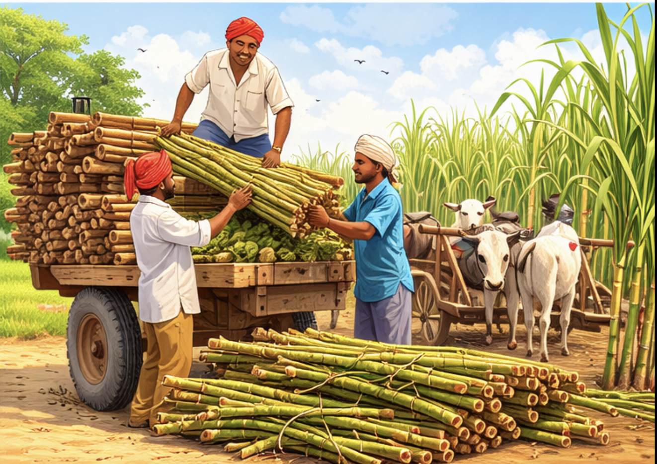 Workers loading sugarcane onto cart
